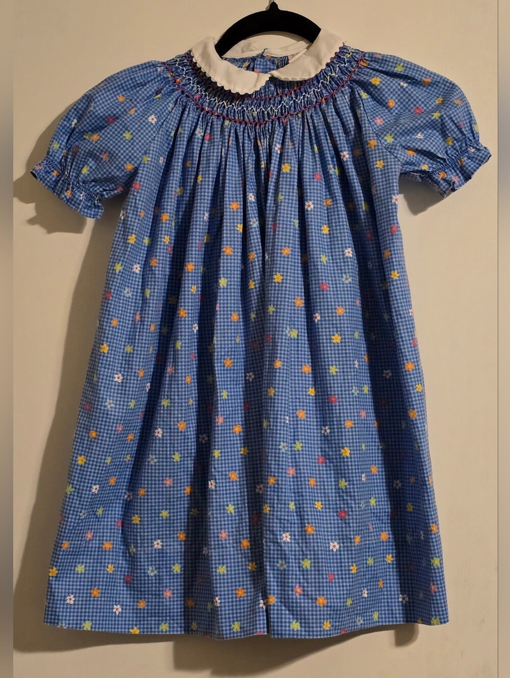 Vintage The Smockery Girls Smocked Dress Blue Gingham Floral Size 5R
